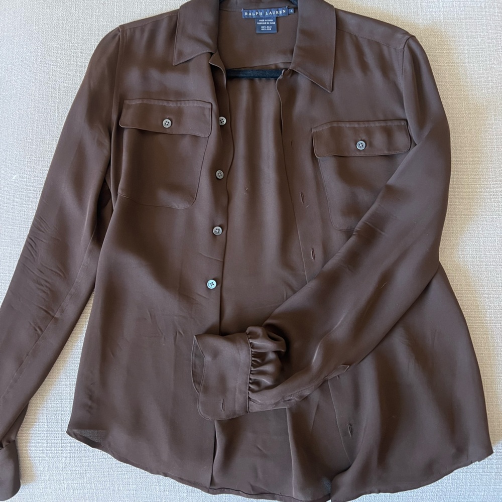 Ralph Lauren Dark Brown Silk Blouse with Black Trim